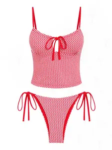 SEAMOLY Women's Size-Inclusive Gingham Tankini Swimwear Set - Tied Front Tankini Top, Side Ties, Drawstring Sarong - 2025 RushReady Sports & Outdoor Swimsuits Tankiniswimwear