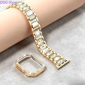 Gold Rhinestone Apple Watch Band & Case Set, 2-Piece Luxury Metal Wristband with Bling Crystals, Compatible with 4-11/SE 40mm-46mm, Sparkly Dressy Accessories for Women