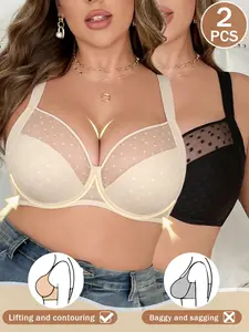 2PCS Women’s Plus Size Full Coverage Push-Up Bra,Underwire spprort Anti‑sagging Unlined Comfortable Slimming Bra Adjustable Straps, Breathable Mesh,Daily Wear