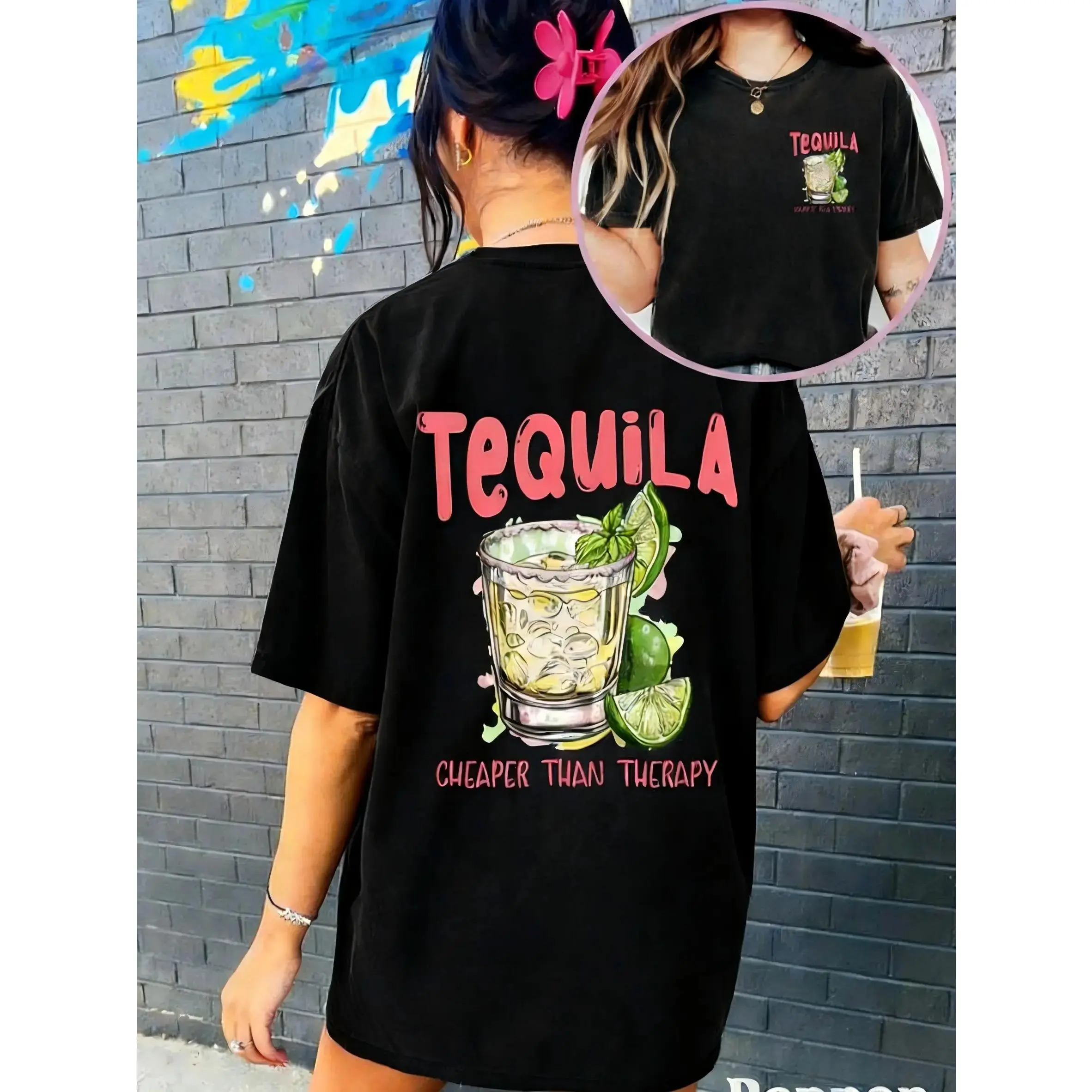 Women's 'Cheaper Than Therapy' Tequila Graphic T-Shirt, Soft Lightweight Cotton Top, Funny Everyday Essential for Summer