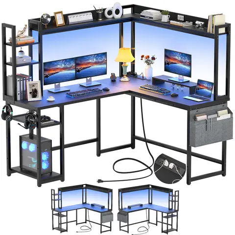 summergarden L-Shaped Gaming Desk - Ergonomic Home Office Modern Office Furniture with RGB LED Lights, Built-in Power Outlets & USB Ports, Reversible Design, Spacious Storage, Ergonomic Monitor Stand, MDF Board, Gamer Stuff