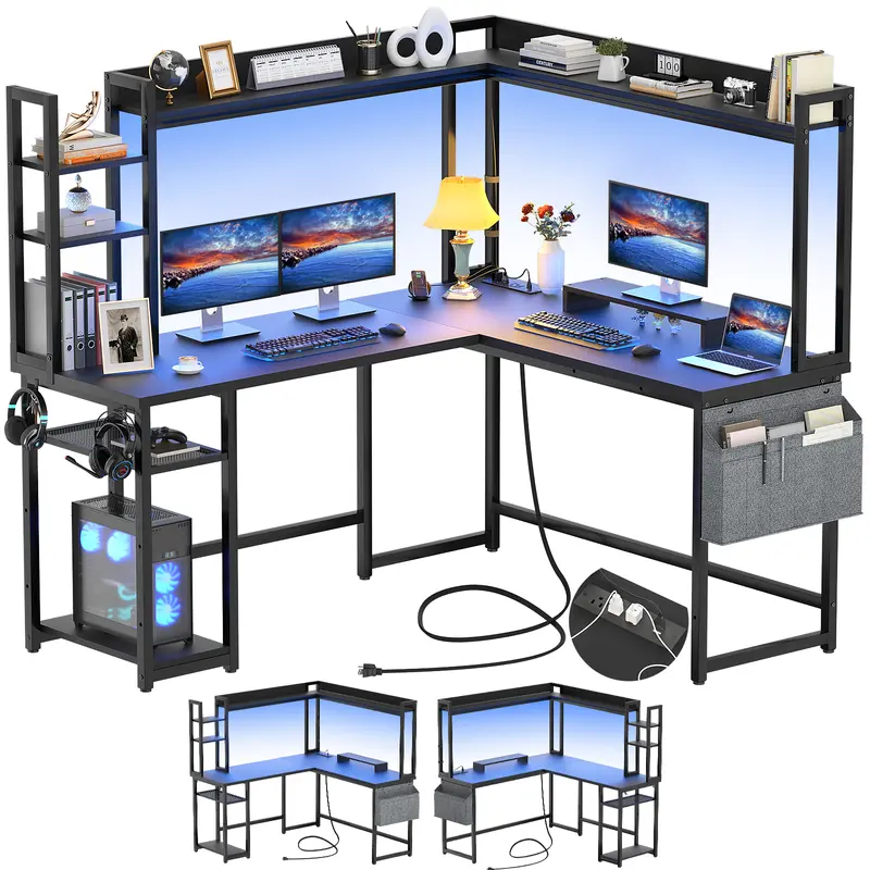 summergarden L-Shaped Gaming Desk - Ergonomic Home Office Modern Office Furniture with RGB LED Lights, Built-in Power Outlets & USB Ports, Reversible Design, Spacious Storage, Ergonomic Monitor Stand, MDF Board, Gamer Stuff