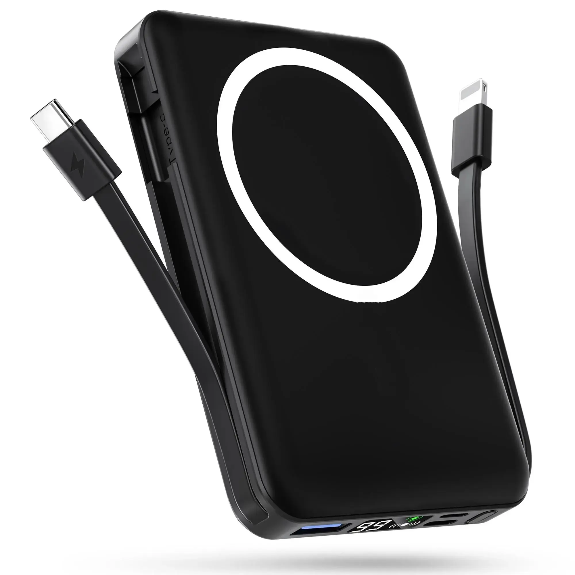 Magnetic MagSafe Power Bank 10000mAh Portable Charger with 22.5W PD Fast Charging, Built-in USB-C/Lightning Cables, LED Display Stand Holder, for iPhone 17/16/15/14/13/12 & Mobile Android Smartphones (Phone Accessories), Wireless Rechargeable Battery