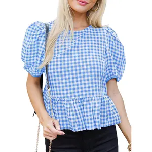 Lannew Womens Puff Sleeve Gingham Blouse Summer Ruffle Peplum Babydoll Tops Cute Plaid Cotton Shirts