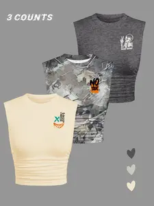 Women's Cartoon & Letter Print Round Neck Crop Tank Top, Casual Sleeveless Cropped Top for Summer, Ladies Clothes for Daily Wear, Socks
