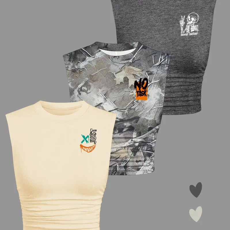 Women's Cartoon & Letter Print Round Neck Crop Tank Top, Graphic Tank Tops, Sleeveless Shirt Cropped Top for Summer, Ladies Clothes for Daily Wear, Socks