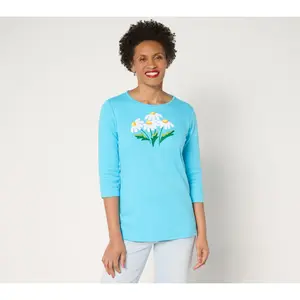 Quacker Factory Springtime Punch Needle Daisy 3/4-Sleeve Top
