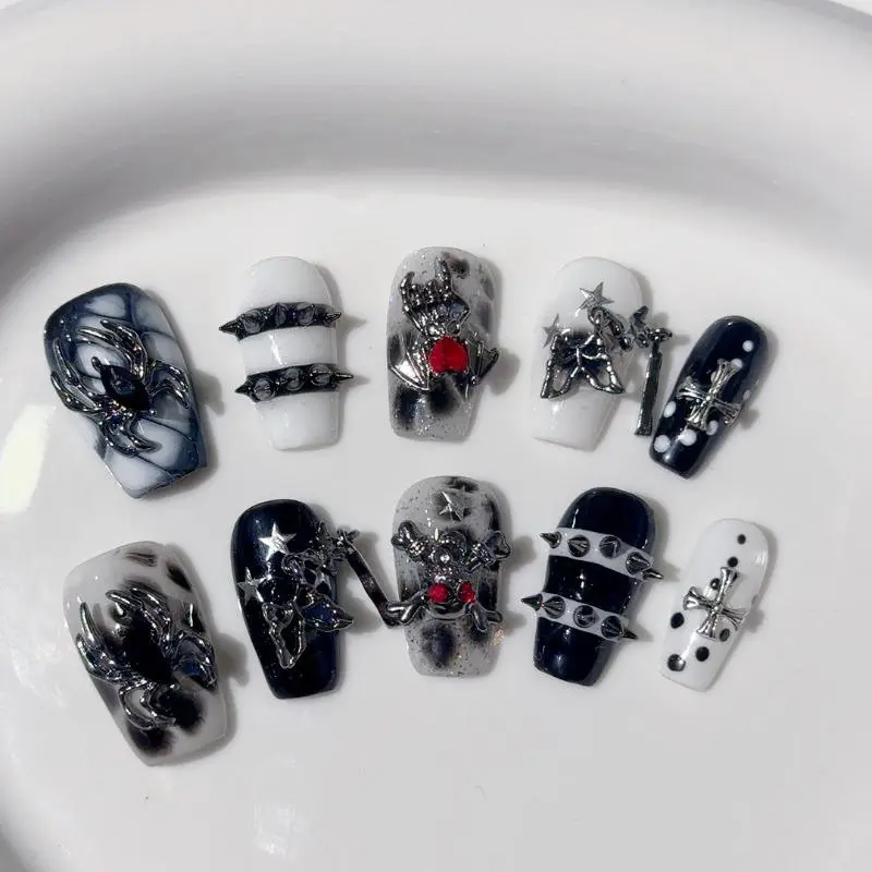 New 10pcs Handmade Gothic Press on Nails Halloween Spider Design Fake Nail Tips Wearable European Heavy Metal Y2k False Nails