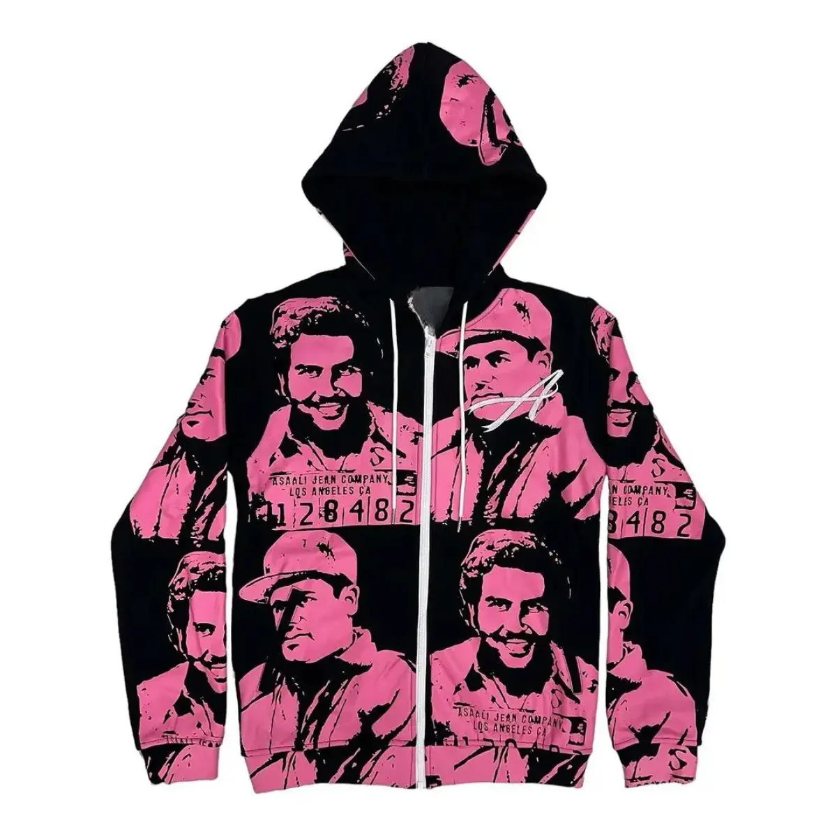 Asaa.li Streetwear Graphic Zip Up Hoodie, Vintage Mugshot Art Jacket, Hip Hop Fashion Sweatshirt, Unisex Fan Gift