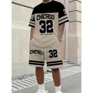 2 men's oversized Chicago-themed '32' items°Digital pattern T-shirt and matching shorts set - breathable black and white sporty style for all-season wear, machine washable casual sportswear, durable and comfortable fabric suitable for outdoor activities a