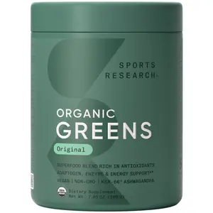 Sports Research® Organic Greens Superfood Powder w/ Spirulina & Chlorella, Adaptogens, Enzymes, Probiotics & 8 Vit Bs for Gut & Mood Support* - Vegan, Sugar-Free & Low-Cal Original 20 Servings