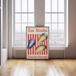 Les Moules Print Mussels Poster Red Nautical Kitchen Decor Aesthetic French Seafood Art Dinner Party Print Vintage Style Food Print Retro