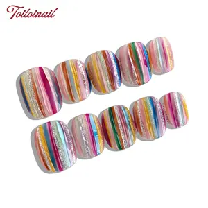 Rainbow Stripe Bundle Handmade Press-On Nails | Short Squoval Shape, 10pcs Handmade | 2 Styles Available: Sweet Berry/Neon Bold | Glitter Vertical Stripe | High Gloss Finish | Reusable DIY Nail Kit for Daily/Party | Trendy Eye-Catching Look