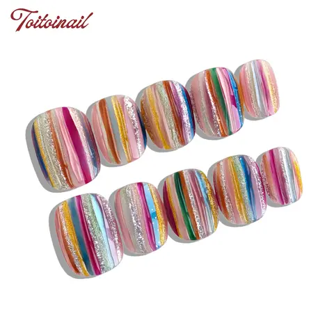 Rainbow Stripe Bundle Handmade Press-On Nails, Handmade Press Ons, Short Squoval Shape, 10pcs, 2 Styles: Sweet Berry/Neon Bold, Glitter Vertical Stripe, High Gloss Finish, Reusable DIY Nail Kit for Daily/Party, Eye-Catching Look