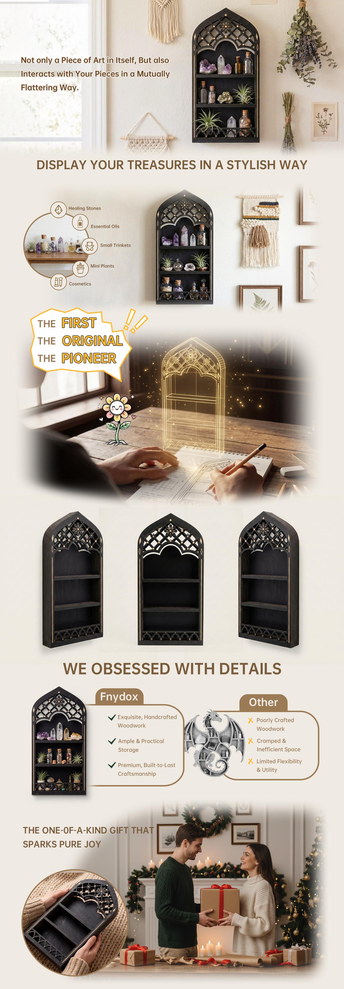 FNYDOX Gothic Decor Trinket Shelf, Medieval Goth Home Decor Perfume Crystal Essential Oil Nail Polish Display Rack, Cottagecore Vintage Wooden Floating Shelves for Bedroom Living Room Wall Art Gift