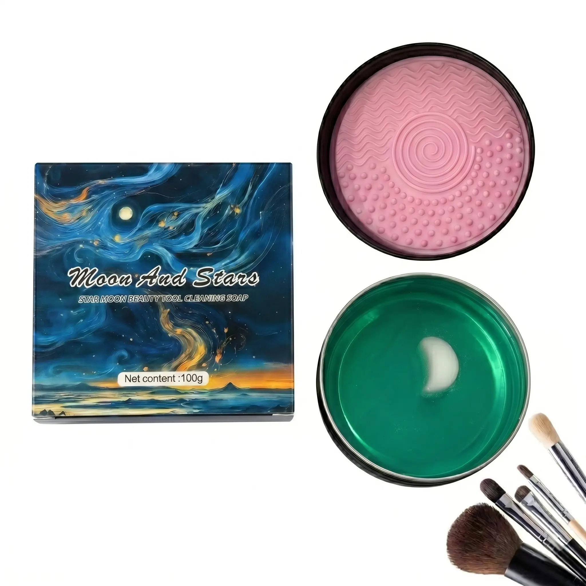 Denavio 100g Compact Cosmetic Makeup Brush Cleansing Soap with Built-in Silicone Mat, Deep-Cleans Bristles & Removes Makeup Residue for All Brushes & Powder Sponges (1 Piece)