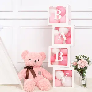 27cm Baby Paper Balloon Box Baby Boxes With 4 pcs Letters,White Clear Balloon Box Blocks for Baby Shower Gender Reveal Decoration,Kids Birthday Party Decor