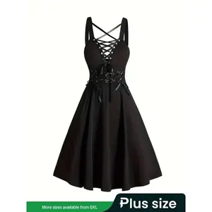 【Plus Size】 Gothic Lace Up Grommet Eyelet Tie Front A Line Fit Dress, Soft Solid High Waist Buckle Belted Sleeveless Short Dress for Party Club Dating Wear, Women's Plus Clothing for Summer, Dresses for Women, Womenswear, Plus Size Formal Dress（gift）