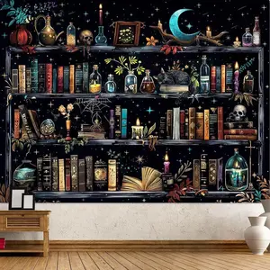 Magic Bookshelf Tapestry Magical Witchy Potion Dark Hippie Tapestries Wall Hanging Gothic Skull Black Cat Library Book Tapestry For Bedroom Living Room Dorm 60 X 40 Inch boys and girls room decor