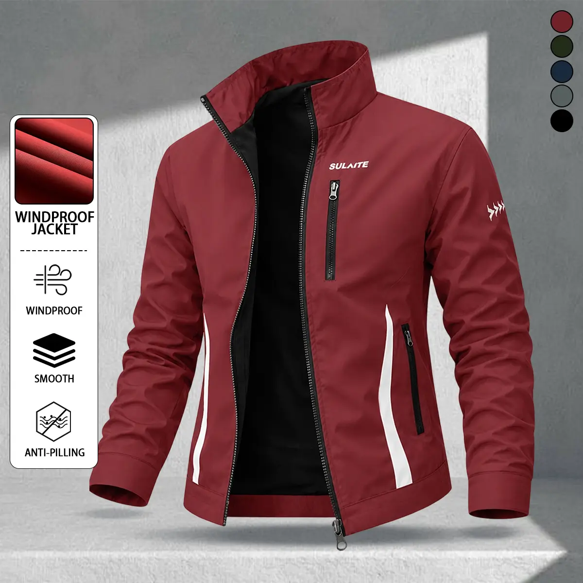 Men’s burgundy color-block casual jacket with multiple pockets, American sports style stand collar windbreaker, lightweight and versatile for commuting