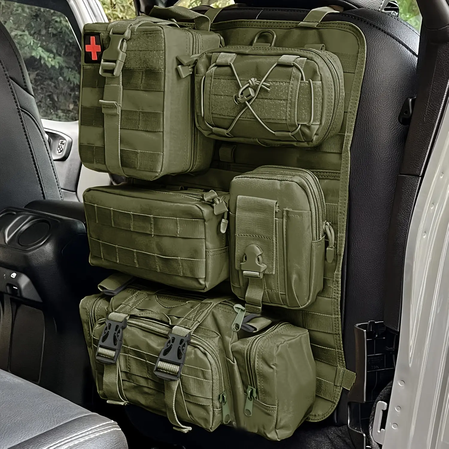 Tactical Car Seat Back Organizer with 5 Detachable MOLLE Pouches, Polyamide Grid Mount Storage Holder, Universal Fit Vehicle Bag Organizers (Army Green/Khaki), Bag Organization