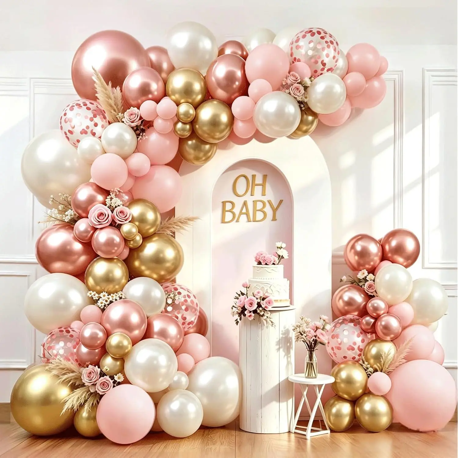 Rose Gold Pink Balloon Arch Kit, Double Stuffed Pearl White Rose Gold Metallic Light Pastel Pink Balloons Garland Kit For Birthday Bridal Shower Wedding Party Decorations