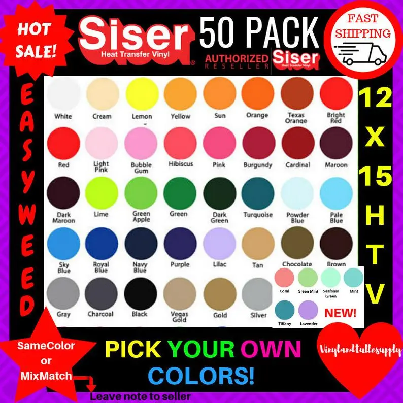 Siser EasyWeed Heat Transfer Vinyl - 12"x15" & 12"x12" Sheets, 50 Pack, Cricut DIY Craft Vinyl, 100% Uncoated Polyester, Durable, Pressure-Sensitive Carrier, Low Temp Peel, Mix Match Specialty Supplies
