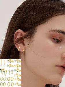 15 Pairs Tiny Gold Stud Flat Back Earrings For Multiple Piercing 20G Stainless Steel Cartilage Earrings Stacks Ball CZ Emerald Green Small Hoop Earrings Sets Helix Piercing Jewelry For Women