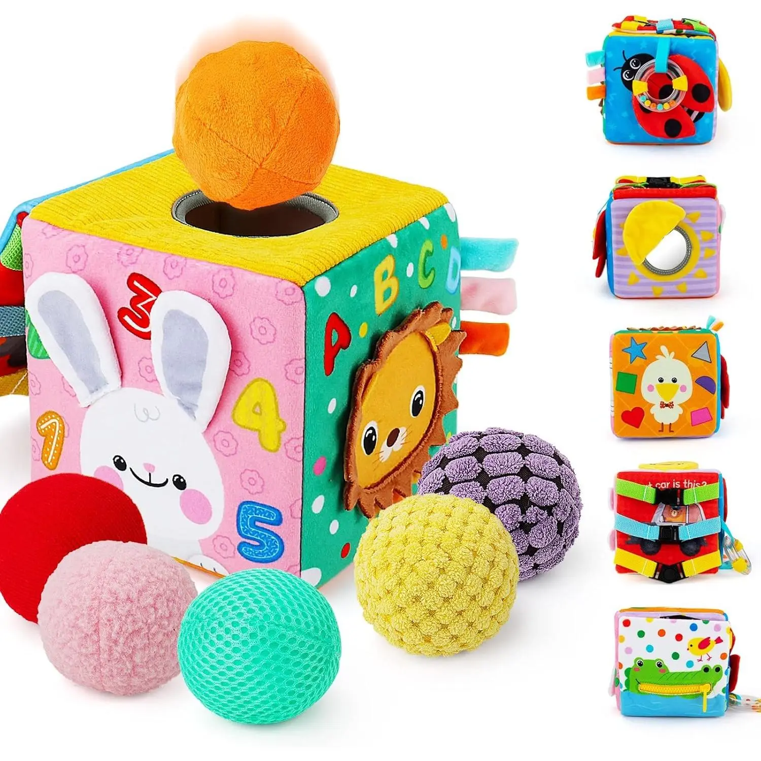 P-PLT031 Cotton Sensory Busy Cube for Newborns, Montessori Infant Toys with Textured Balls, Bb Sounds, Rich Sensory Effects & See Reflection, Early Learning Travel Toys for Children Development & Fine Motor Skills, Gift for Boys & Girls