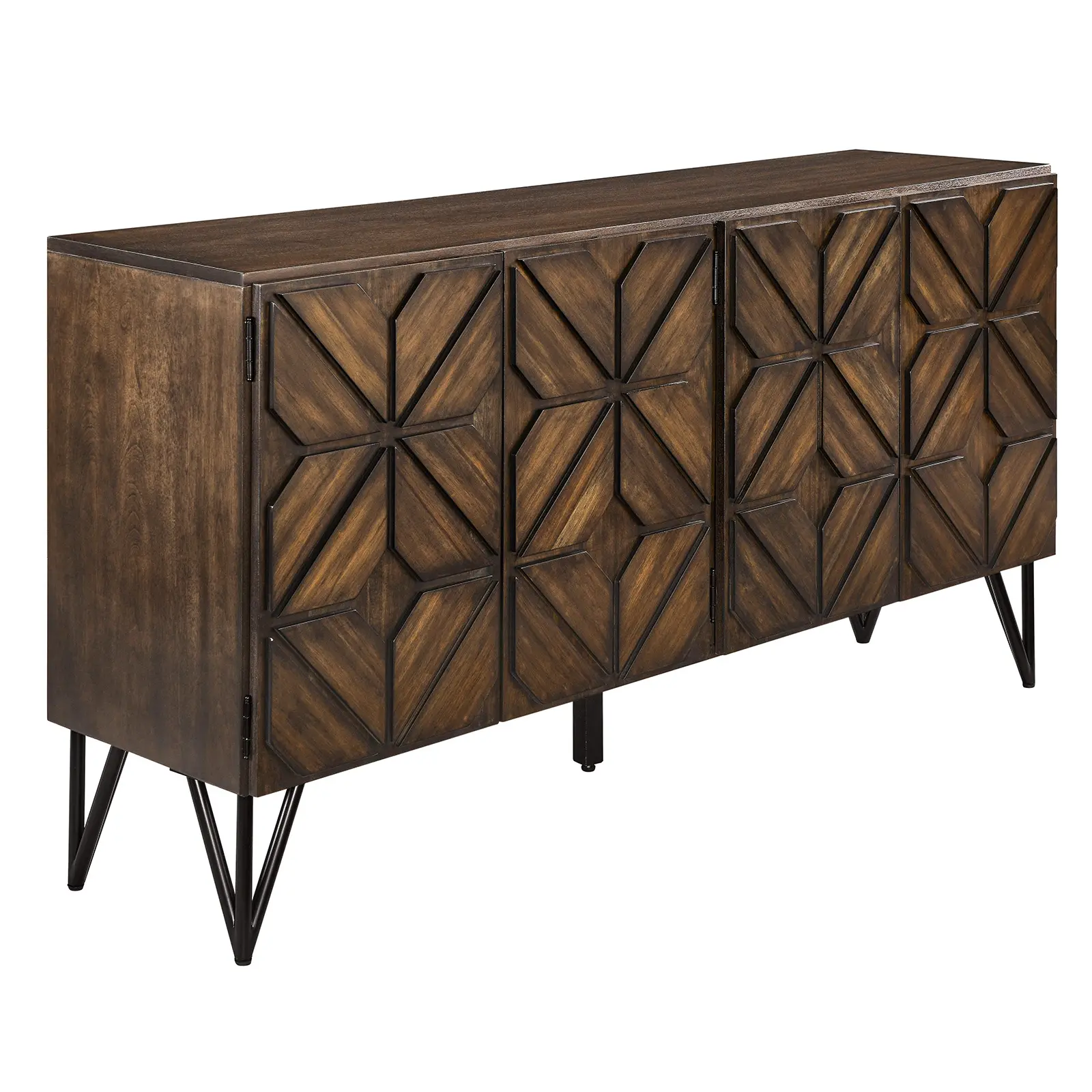 [SummerSale] AMERLIFE 63" Acacia Wood Sideboard Buffet with Hand-Carved Geometric Doors, Console Cabinet with Adjustable Shelves for Dining Room/Living Room/Entryway, Dark Walnut