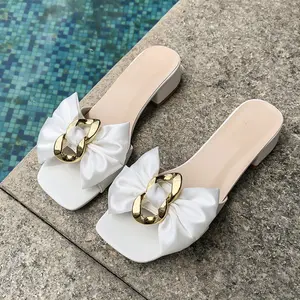 White bow and gold metal buckle decoration for women's square toe thick heel sandals