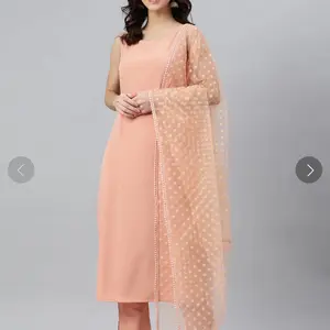 Peach Crepe Solid Kurta with Pant and Dupatta