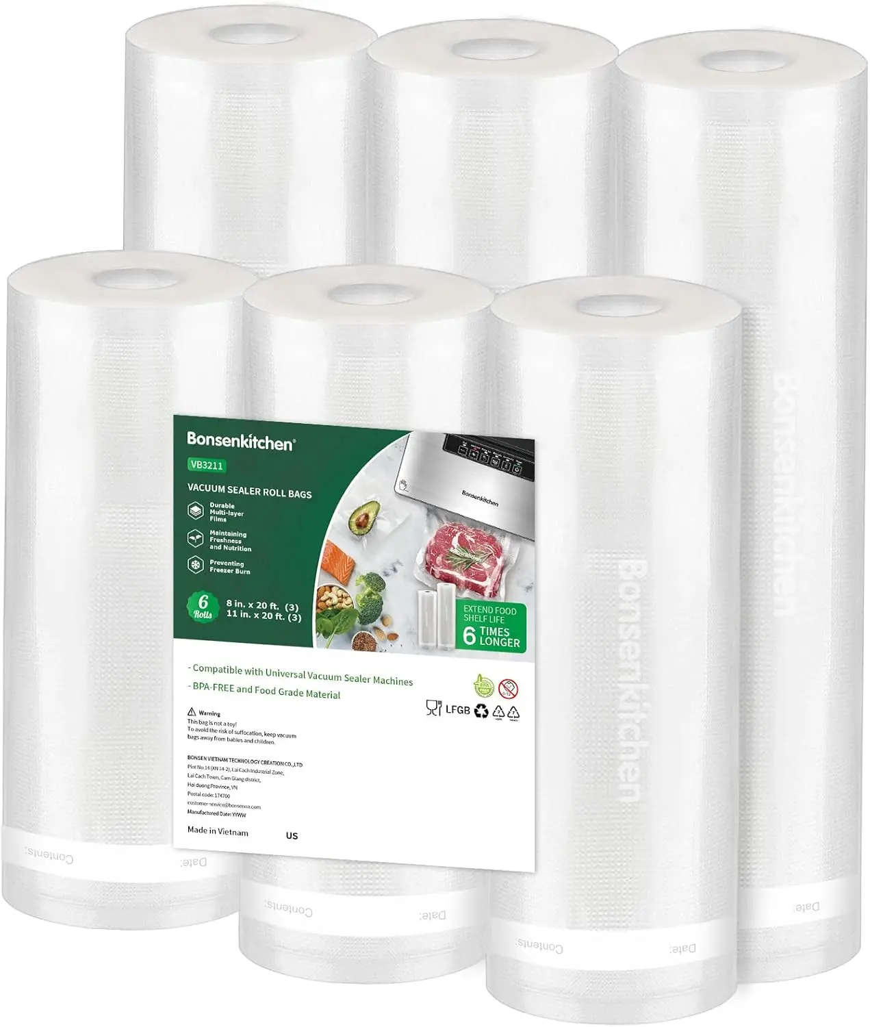 [USA - STOCK] Vacuum Sealer Rolls Bags, 6 Pack 3 Rolls 11" x 20' + 3 Rolls 8" x 20' Commercial Grade BPA Free Bag Rolls, Durable Customized Size Food Vac Bags for Storage and Sous Vide Cooking VB3211