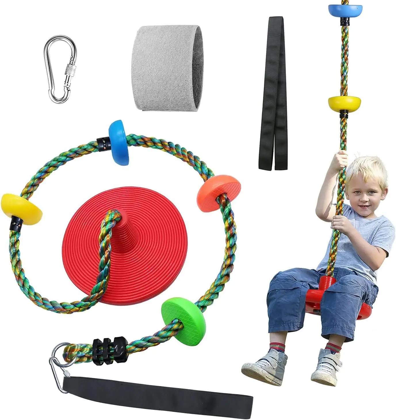 Multifunction Durable Unisex Kids Tree Swing, Single Disc Rope Climbing Seat with Thick 4 Ft Strap, Outdoor Play Equipment for Backyard Indoor Playground Swing Set Accessories, Swinging Red