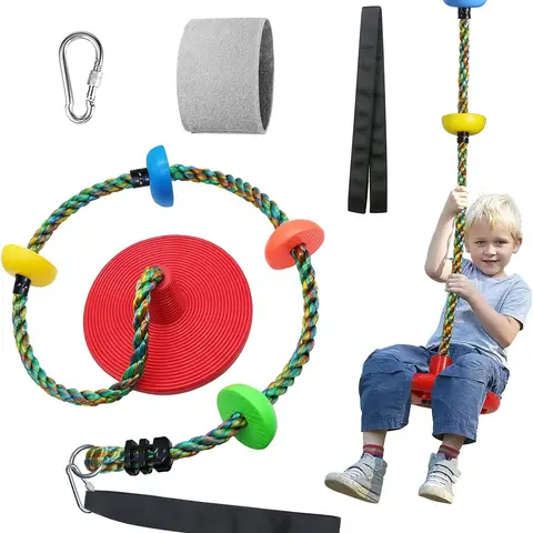 Durable Kids Disc Tree Swing - Unisex Boy & Girl Toy, Outdoor Play Equipment with 6.6 Ft Climbing Rope, 4 Ft Attachment Strap, Adjustable Length, Enhances Balance, Easy DIY Tree Setup Accessory (Red, 30 Days Free Return)