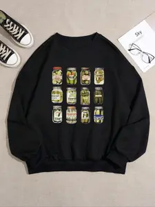 Women's Pickle Jar & Cucumber Print Drop Shoulder Sweatshirt, Casual Long Sleeve Round Neck Pullover for Fall & Winter, Ladies Clothes for Daily Wear