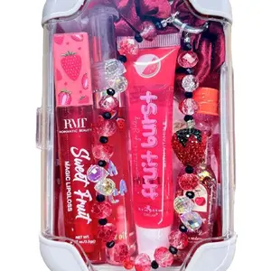 Mini Suitcase Lippie Bundle with Beaded Phone Chain Travel-Friendly Beauty Combined Sweet Lip Gloss Set Lipstick 4 Random Colored Lippies & Sparkly Keychain Makeup Cosmetic Glossy