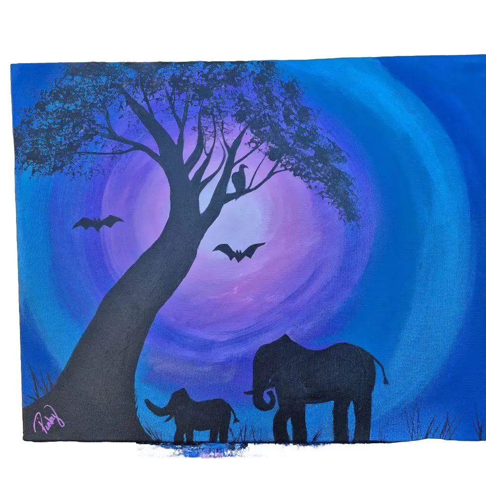Africa! Iridescent Acrylic Paint with Full Moon Momma Elephant & Baby Walking Past Acacia Tree Artwork for Home Decor