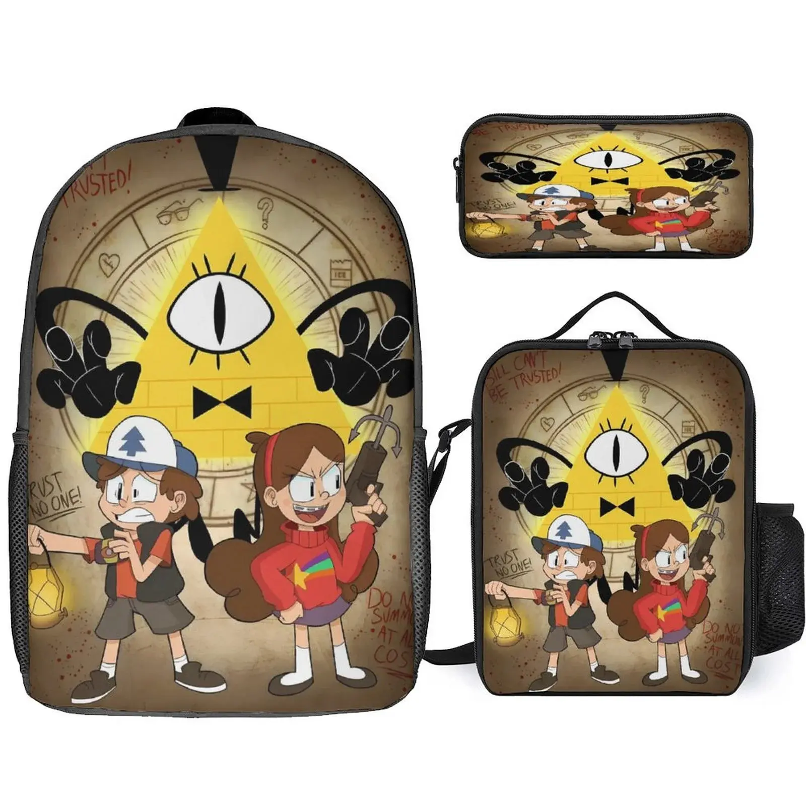 Gravity Falls Bill Cipher 3-Piece Backpack Set - 13 cm Deep High-Capacity Elementary School Bookbag, Zip Lunch Box, Vibrant Pencil Case for Fans, Work, Holidays
