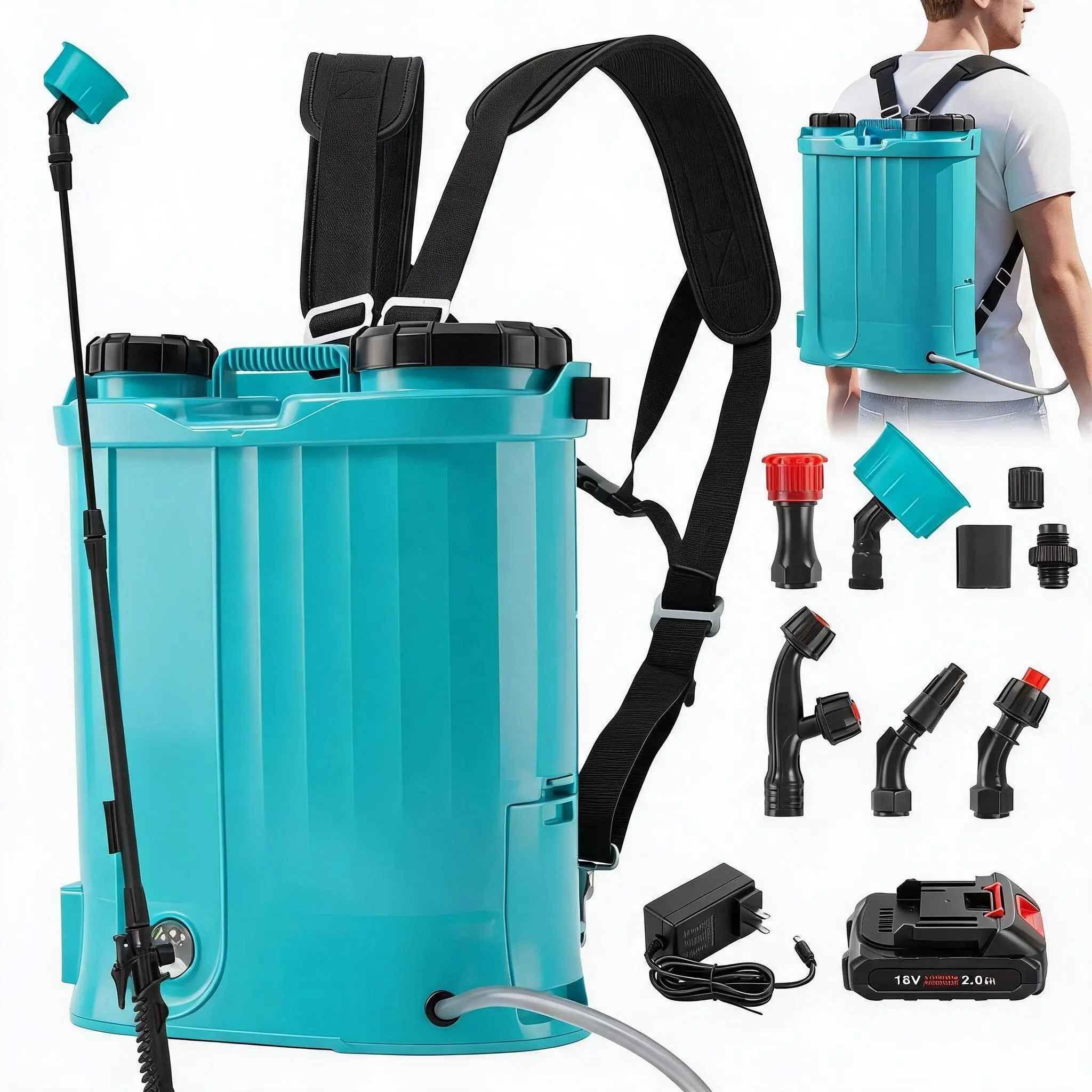 4.23 Gallon Cordless Backpack Sprayer, 18V 2Ah Rechargeable Sprayer, 0-65 PSI Adjustable Pressure, 5 Interchangeable Nozzles & Wand, Ergonomic Strap for Residential Commercial Gardening