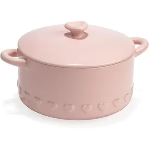 Iconic Ceramic Stoneware Casserole Dish With Lid, Oven Safe Up To 450°F, Dishwasher & Microwave Safe, 28oz, Pink with Embossed Heart Design