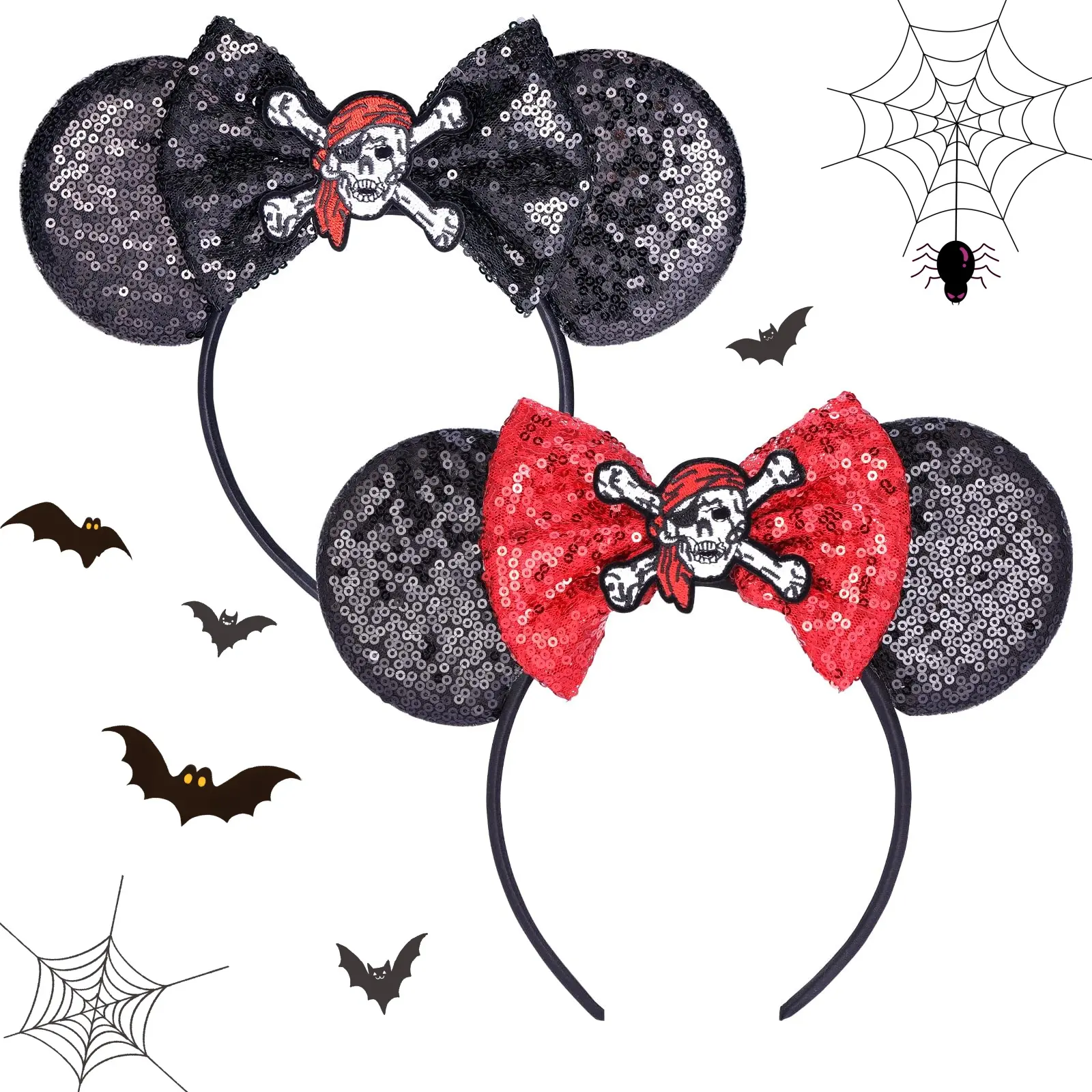 Gothic Pirate Skull Headband Sparkly Sequined Bow Hair Accessory for Halloween Cosplay Festival and Amusement Park Outfits