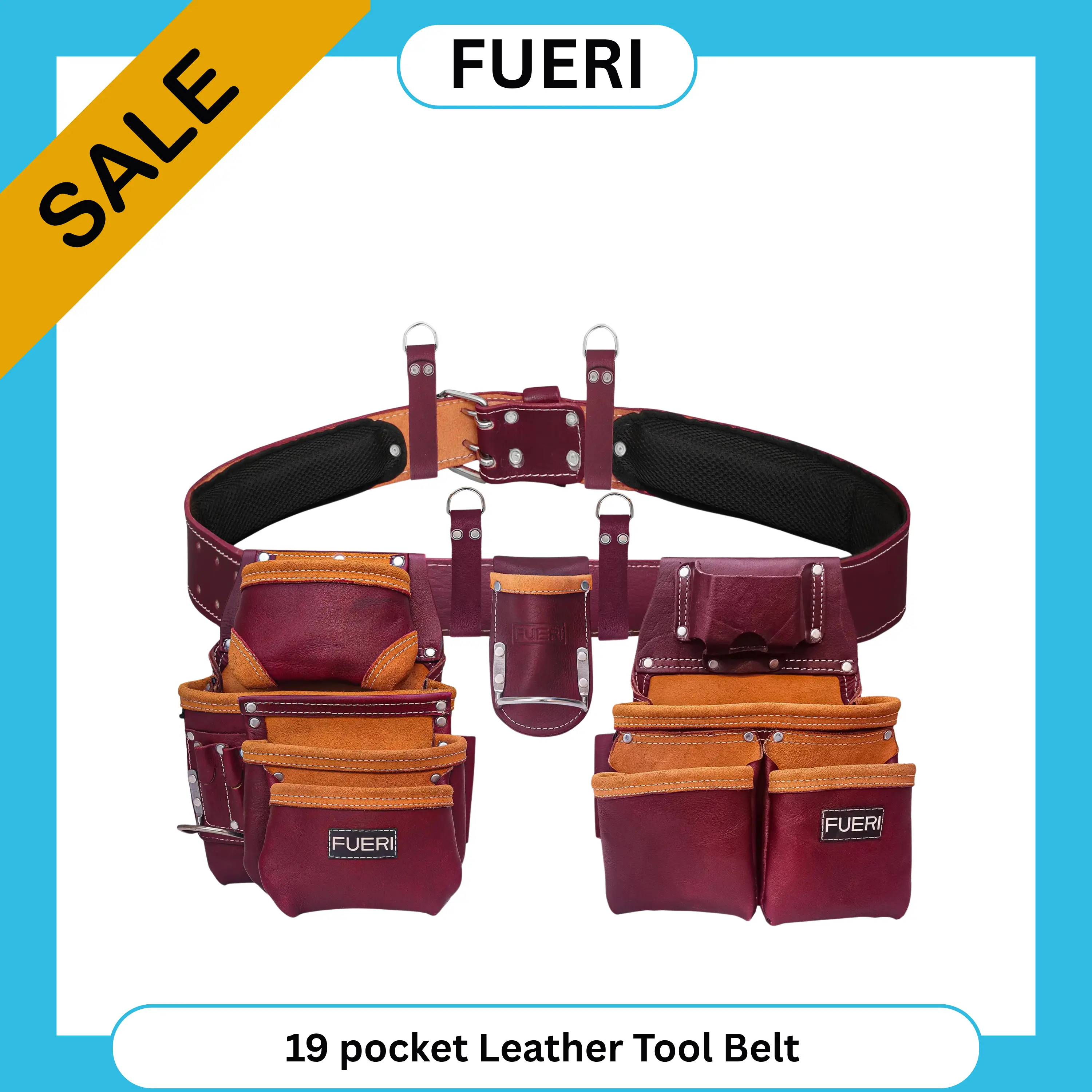 FUERI 19 Pocket Leather Tool Belt, Comes with Padded Belt, Big Pouches, Hammer Holder and Suspender loops, Ideal for Construction Workers, Carpenters and Electrician. Tool Storage Bag, Portable Tool Bag campingessentials