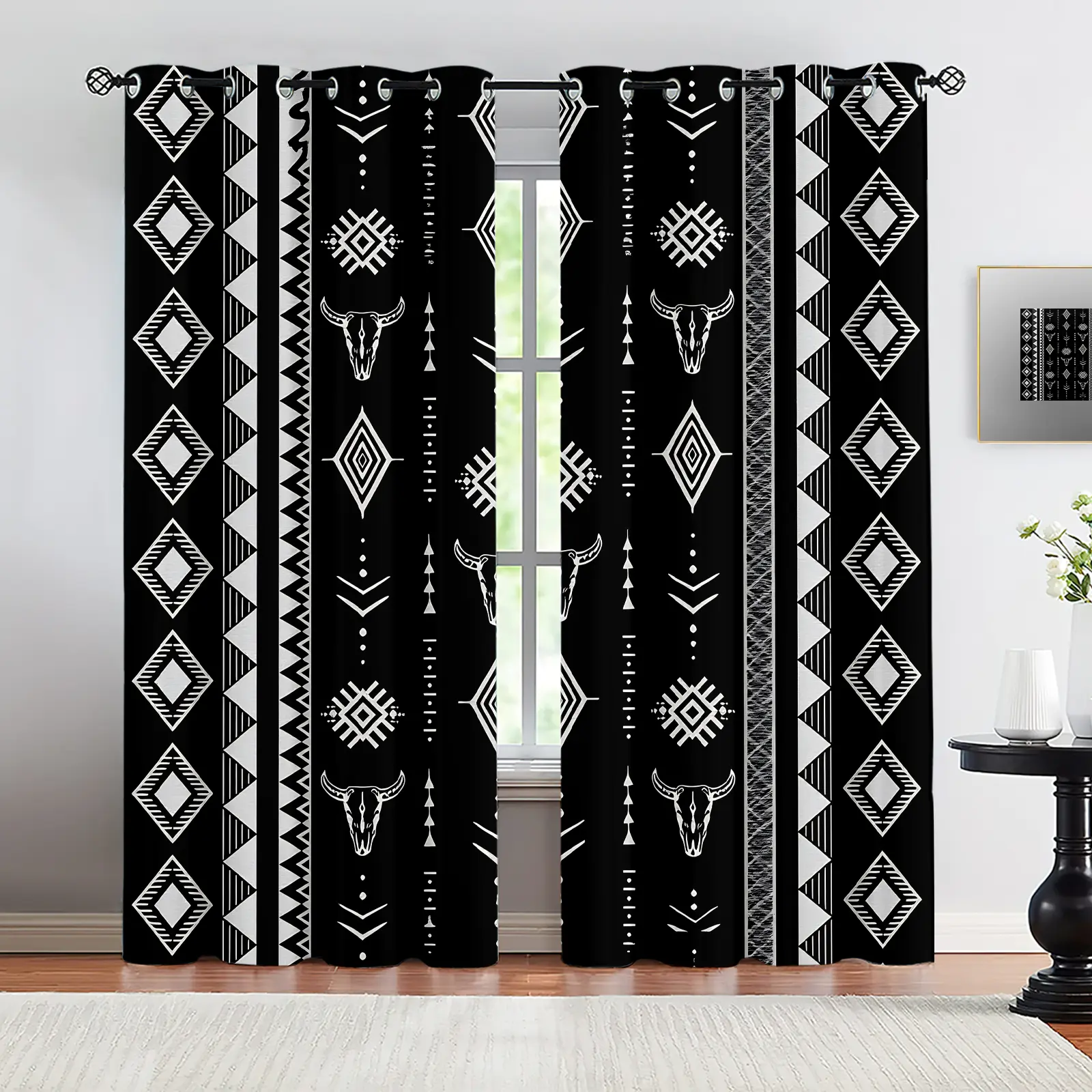 2 Panels Black White Aztec Cow Head Print Window Curtains, Home Decoration Curtain, Black Geometric Diamond & Cow Totem, Boho Western Aesthetic, Easy-Mount Grommet Top, Washable Deform-Resistant Fabric, Fit Bedroom Living Room For Retro Wild Home Vibe
