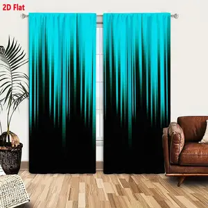 2D Flat 2 Pieces Abstract Vertical Line Gradient Black Teal Turquoise Curtain Set Modern Futuristic Sheer Blackout Window Treatment with Sleek Color Transition Design for Bedroom Living Room Home Decoration Curtain