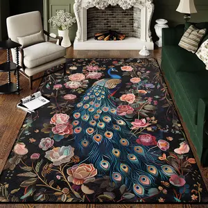 Modern Vintage Peacock Design Living Room Carpet, Boho Floral Area Rug, Soft Non-Slip Washable, Home Decor Sofa Coffee Table Mat for Lounge Bedroom Hallway Balcony Closet