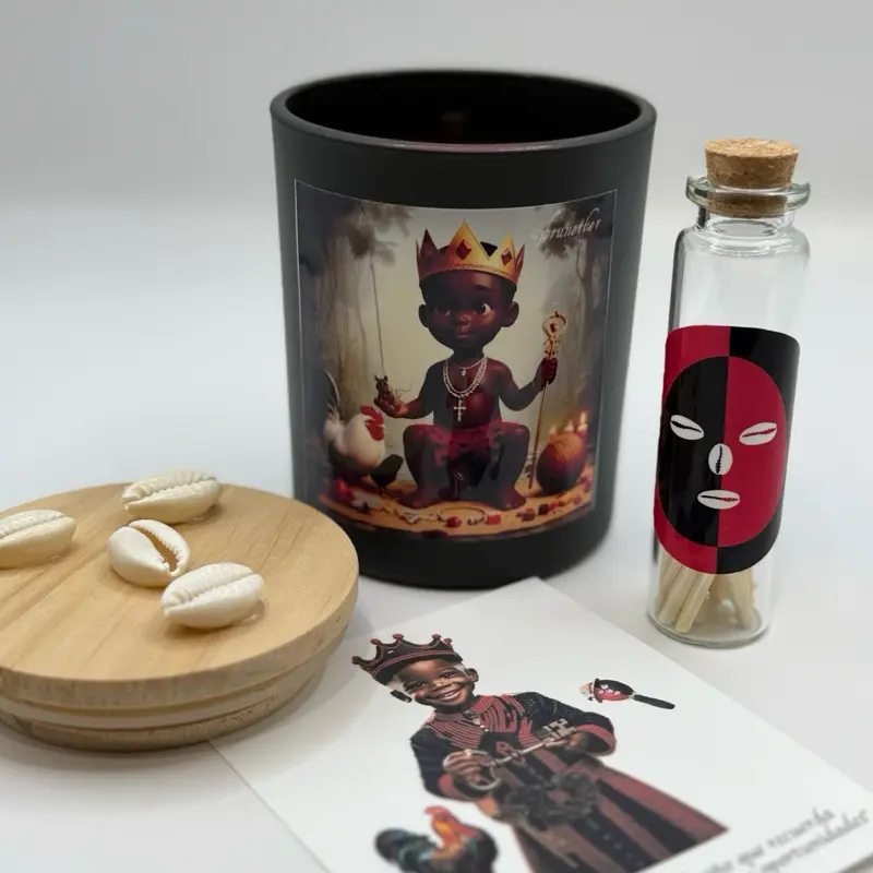 Elegua Candle - Black Container with Unique Design Featuring a Royal Figure and Wooden Lid