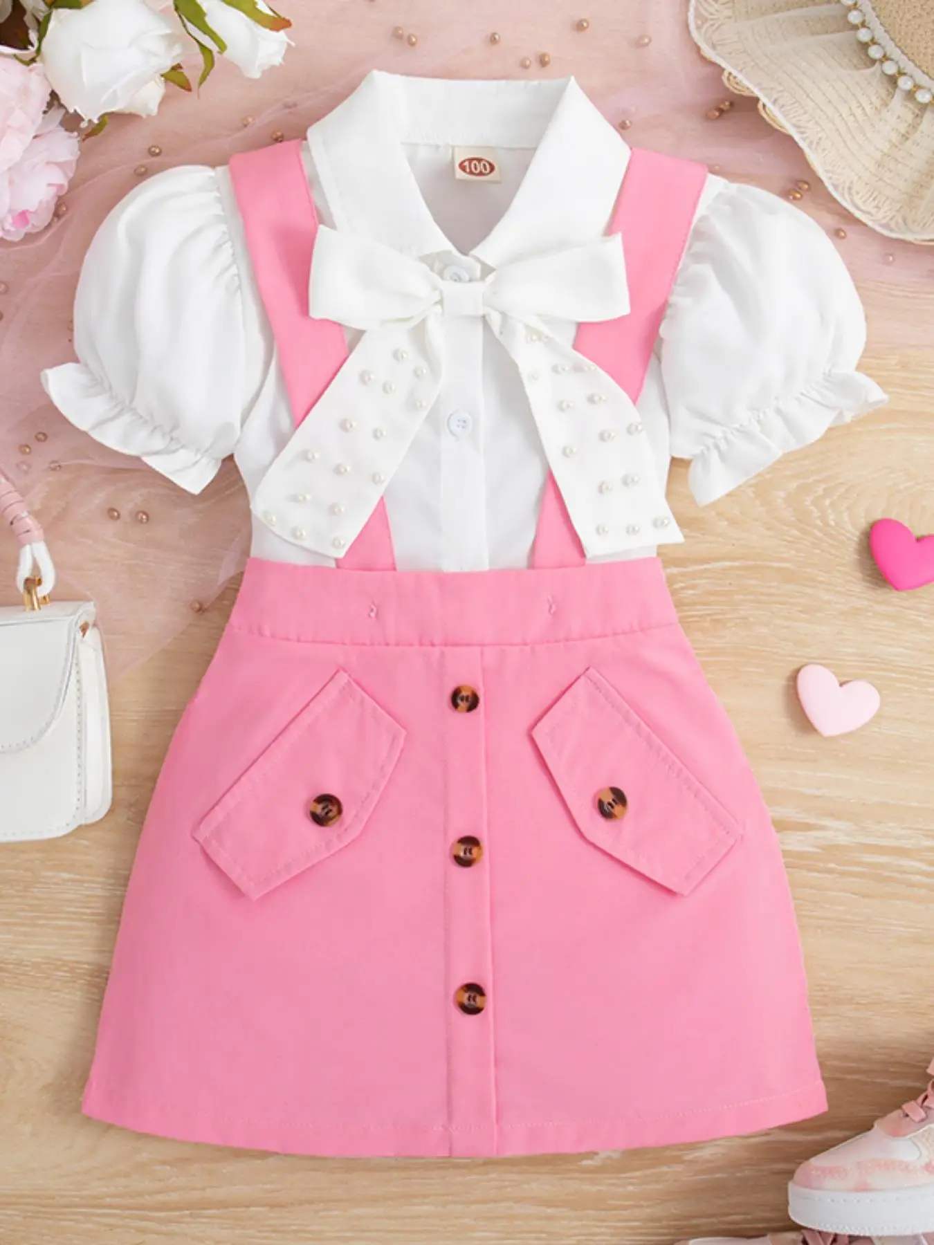 Two-Piece Set Girl's Faux Pearl Bow Decor Button Front Top & Suspender Skirt Set, Casual Short Sleeve Top & Skirt for Summer, Kids Clothes for Daily W