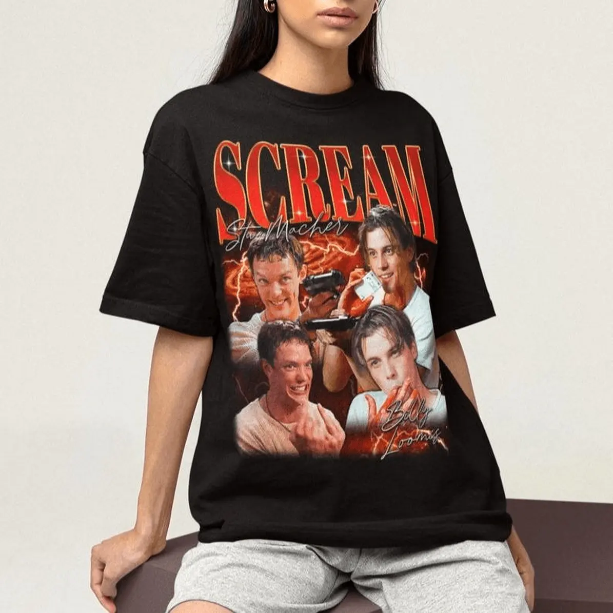 Women's Scream Billy & Stu Digital Print T-Shirt, Casual Short-Sleeve Round Neck Top in Lightweight Soft Cotton Fabric