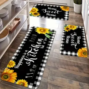 3pcs Set Kitchen Carpet Anti-slip, Soft, Comfortable, Easy to Clean flannel Carpet for Home Decoration, Suitable for Sink, Bedroom, Living Room, Kitchen, and Bathroom, Plaid and Floral Pattern, Rectangular Shape, Bonded Pile kitchen carpet